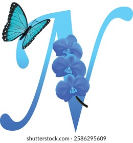 Blue letter N with orchid and butterfly on white background