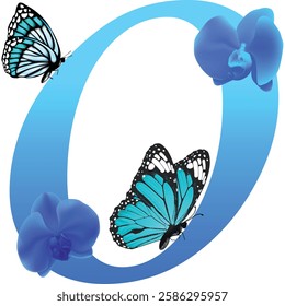 Blue letter O with orchid and butterfly on white background