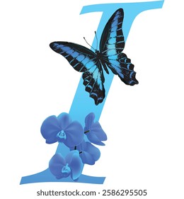 Blue letter I with orchid and butterfly on white background