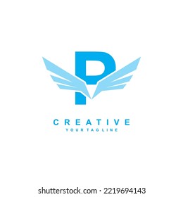blue letter P logo template design with wings. Vector P creative logo with wings. modern logotype symbol. wing logo. freedom symbol vector. flying icon