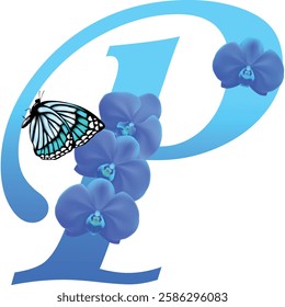 Blue letter P with orchid and butterfly on white background