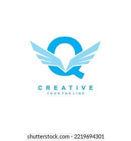 blue letter Q logo template design with wings. Vector Q creative logo with wings. modern logotype symbol. wing logo. freedom symbol vector. flying icon