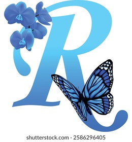 Blue letter R with orchid and butterfly on white background