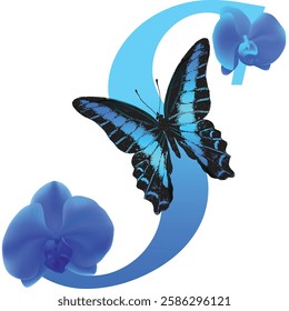 Blue letter S with orchid and butterfly on white background