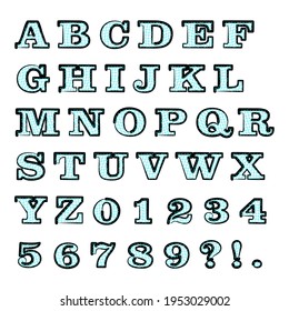 blue letter set wavy lines alphabet, vector design element isolated on white, uppersace font and numbers