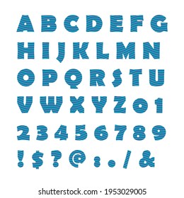 alfabeto de líneas onduladas de conjunto de letras azules, elemento de diseño vectorial aislado en blanco, tipo de letra y números superiores