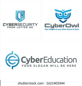 Blue letter SH owl head and letter c circle tech design concept logo line art vector suitable for education cyber security training coaching app web technology