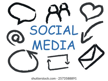 Blue letter social media poster with brush stroke drawings of share, message, comment, followers