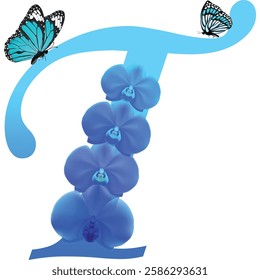 Blue letter T with orchid and butterfly on white background