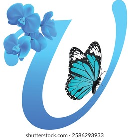 Blue letter U with orchid and butterfly on white background