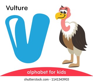 Blue letter V and cute Vulture. English alphabet with animals. Cartoon characters isolated on white background. Flat design. Zoo theme. Colorful vector illustration for kids.