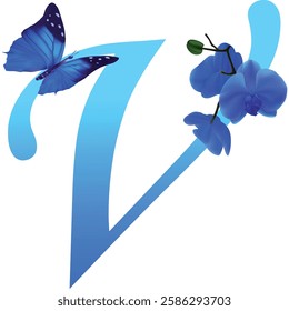 Blue letter V with orchid and butterfly on white background