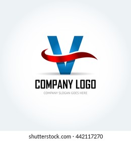 Blue Letter V with red ribbon logo icon design template elements - Illustration. Letter V logo icon design - vector sign. Isolated vector illustration.