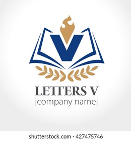 Blue letter V with a torch and an open book. Sign, symbol, logo. Vector illustration.
