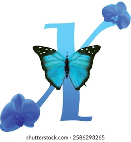 Blue letter X with orchid and butterfly on white background