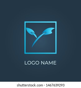 Blue letter Y with leaves on square logo isolated. Alphabet vector image