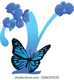 Blue letter Y with orchid and butterfly on white background