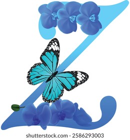 Blue letter Z with orchid and butterfly on white background