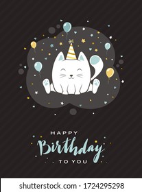 Blue lettering Happy Birthday on black card in cartoon style. Birthday image. Happy kitty in party hat with balloons. Illustration can be used for holiday card, children's clothing design, banners