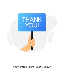 Blue lettering Thank You. The hand holds a flag, a sign with an inscription. Vector illustration.