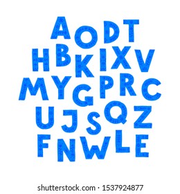 Blue letters in random order. Vector. Letters in a floral ornament. Cartoon doodle style. English alphabet.