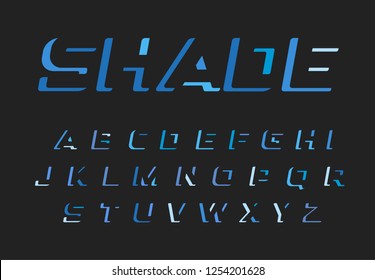 Blue letters set. Vector latin alphabet. Darkness color font. Cutout negative space monogram and logo template. Typography shade design. 