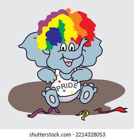 Blue lgbt elephant in rainbow colored wig in a t-shirt with the inscription Pride Beautiful vector lgbt t-shirt pattern made for lgbt parade with elements of pride LGBT symbol in the colors of rainbow