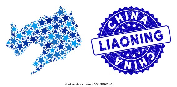 Blue Liaoning Province map composition of stars, and grunge round seal. Abstract territory plan in blue shades. Vector Liaoning Province map is shaped of blue stars.