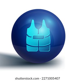 Icono de la chaqueta azul Life aislado en fondo blanco. Icono del chaleco salvavidas. Deporte extremo. Equipamiento deportivo. Botón de círculo azul. Vector