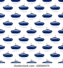 Blue Lifeboat, Seamless Maritime Pattern, Blue Boat on White Background , Vector Illustration 