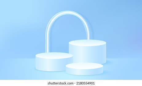 Luz azul 3d pantalla de producto de fondo plataforma geométrica de escena de podio, escalón de escalera, arco. Mostrar productos cosméticos. Escaparate de papel realista sobre el fondo monocromo de la pantalla peatonal.