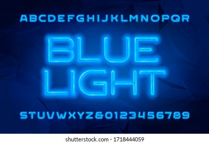 Blue Light alphabet font. Neon color letters and numbers. Polygonal background. Stock vector typescript for your design.