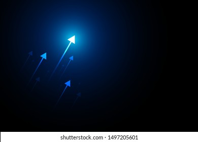 Blue light arrow up on black background, copy space composition, business growth concept.