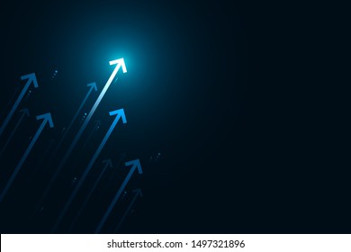 Blue light arrow up on black background, copy space composition, business growth concept.