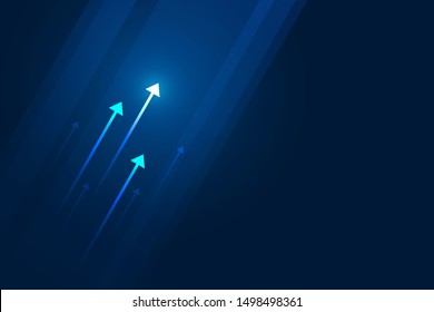 Blue light up arrow on dark blue background, copy space composition, business growth concept.