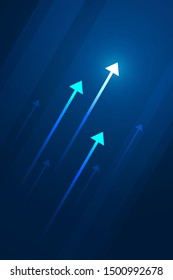 Blue light of up arrow on dark blue background, business growth concept.