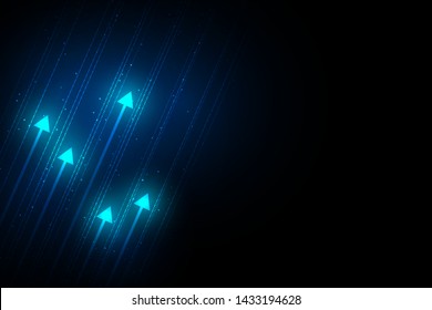 Blue light arrows up with dot line on black background, copy space composition, automation techonology internet concept.