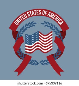 blue light background of colorful flag united states of america with arch of leaves and label tape intertwined vector illustration
