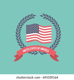 blue light background of colorful flag united states of america with crown of olive branches and label tape vector illustration
