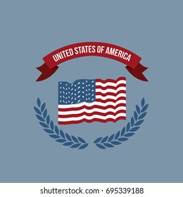 blue light background of colorful flag united states of america with half crown of olive branches and label tape vector illustration