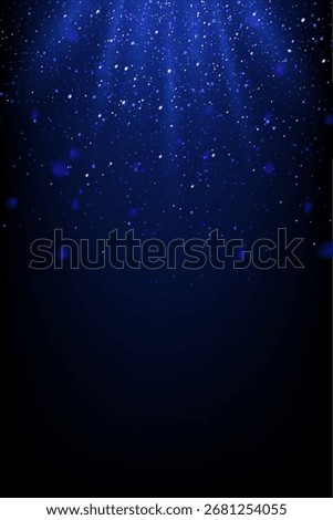 Blue light background. Shiny sparkles falling with glowing rays on dark backdrop. Festive abstract scene for celebration, luxury design, or holiday decoration. Vector illustration.
