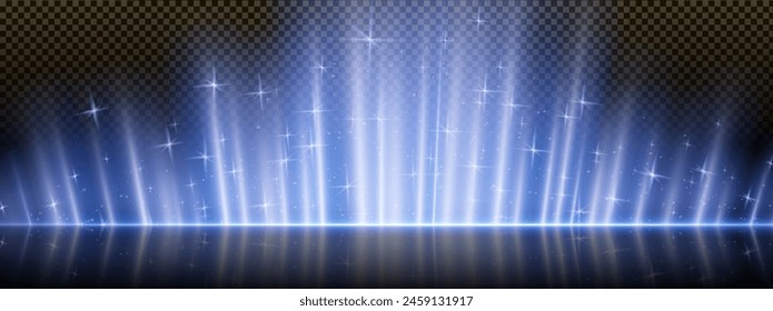 Blue light background with speed flare line effect. Magic laser beam glow with reflection on floor. Glitter explosion with projection for performance in nightclub. Vertical neon string trail with dust