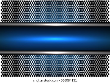Blue light banner on silver circle mesh design luxury modern technology background vector illustration.