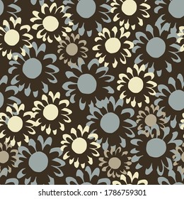 Blue and light beige floral elements on dark brown background. Seamless botanic pattern. Great for fabric, textile, wrapping paper, wallpaper. Vector illustration.