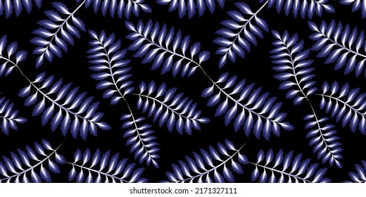 blue light branch foliage seamless pattern on dark background. tropical seamless pattern with plants leaves on black. nature wallpaper. nature decorative. tropical background. fashionable prints 