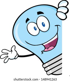 Blue Light Bulb Cartoon Character Waving Behind A Sign