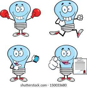 Blue Light Bulb Cartoon Characters. Set Vector Collection 9
