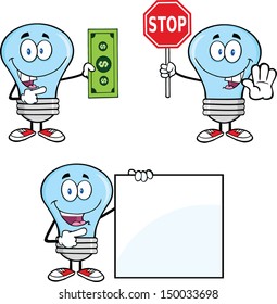 Blue Light Bulb Cartoon Characters. Set Vector Collection 5