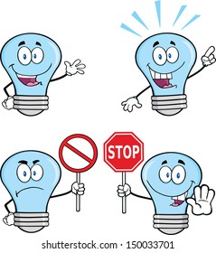 Blue Light Bulb Cartoon Characters. Set Vector Collection 2
