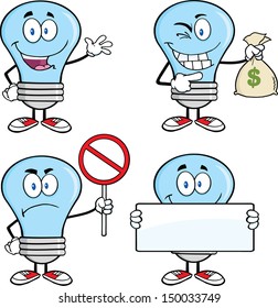 Blue Light Bulb Cartoon Characters. Set Vector Collection 6